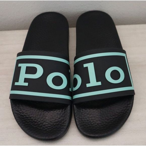 Polo Ralph Lauren Men's Sz 9 Black/Aqua Logo Slide Sandals - Picture 1 of 8